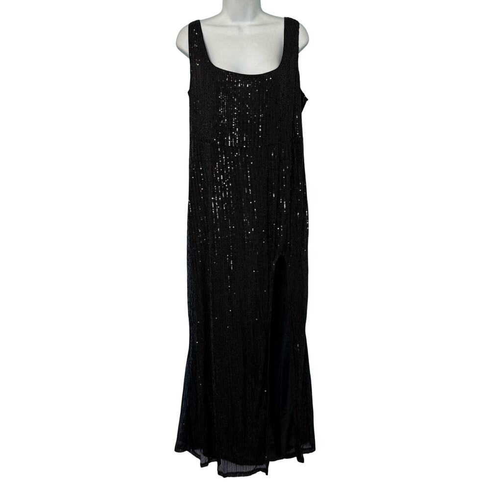 Curvy Sense Black Sequin Evening Gown Side Slit Sleeveless Maxi Dress Size 2XL